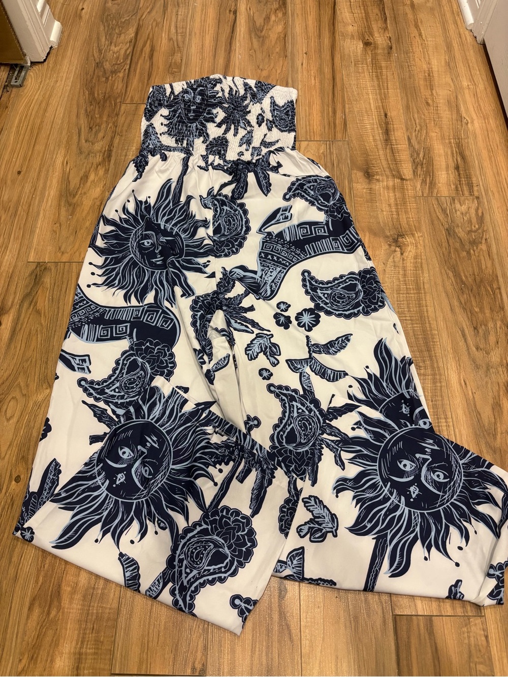 Smocked Waist Navy and White Sun-Print Wide Leg Jumpsuit
